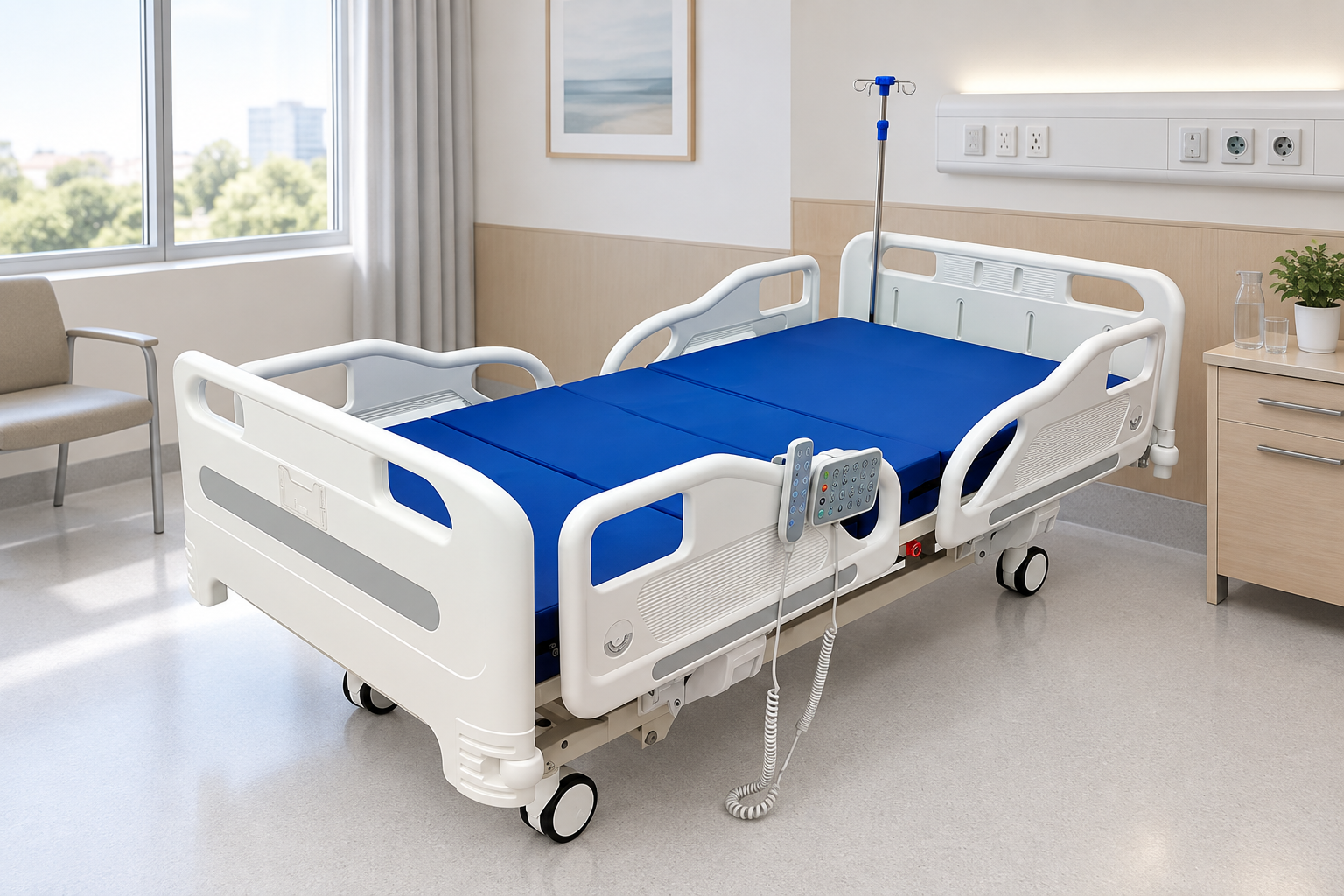 Electric hospital bed with side rails and hand control in a hospital room