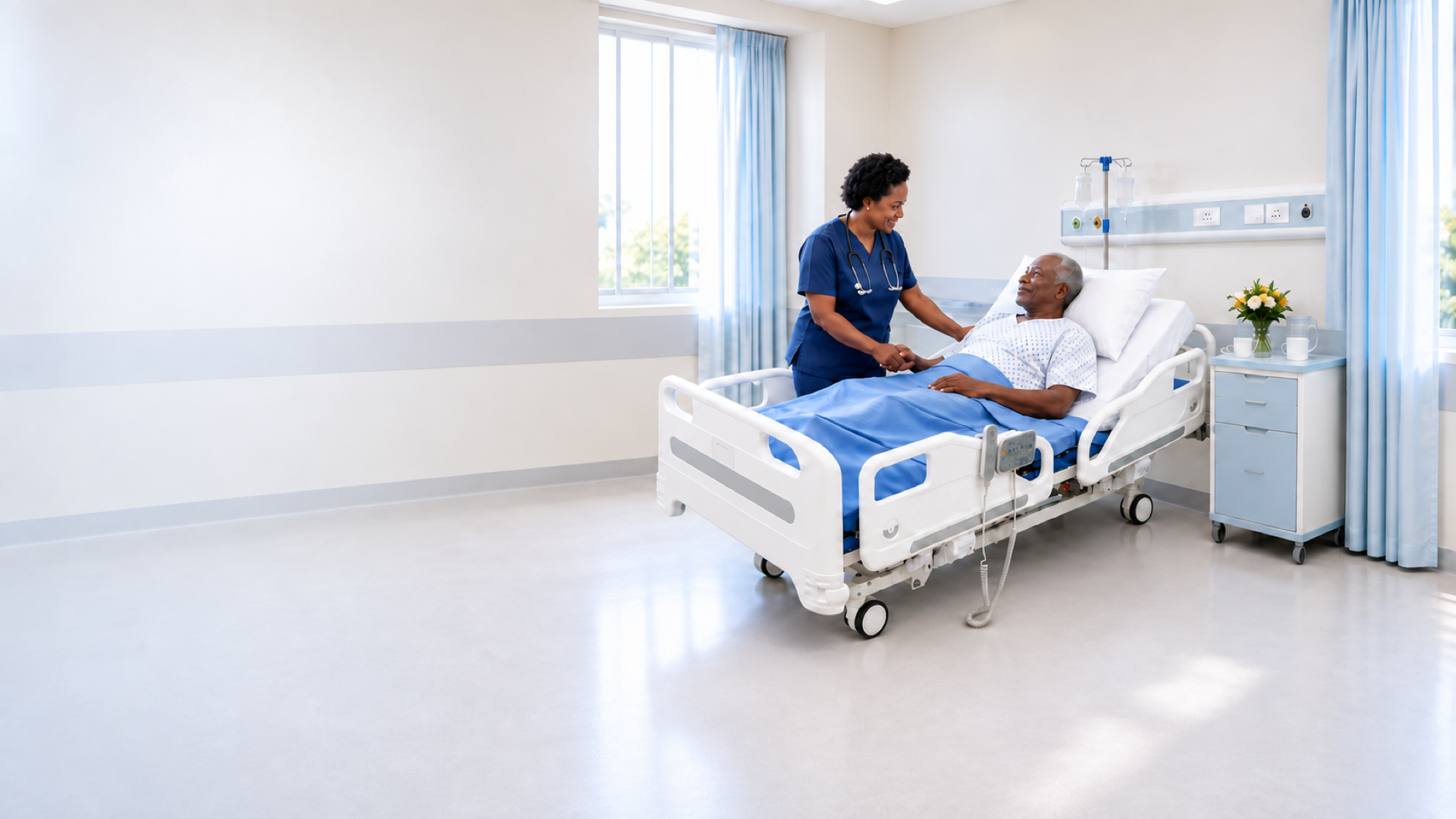Five-function electric hospital bed in a hospital ward, attended by a nurse